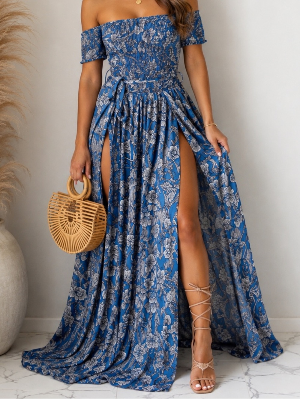 . Touch Dolls Blue Multi Floral Off The Shoulder Smocked Split Tie Maxi Dress